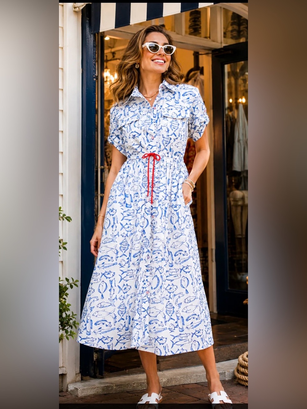 Button-Front Midi Shirt Dress in Blue & White Fish Print